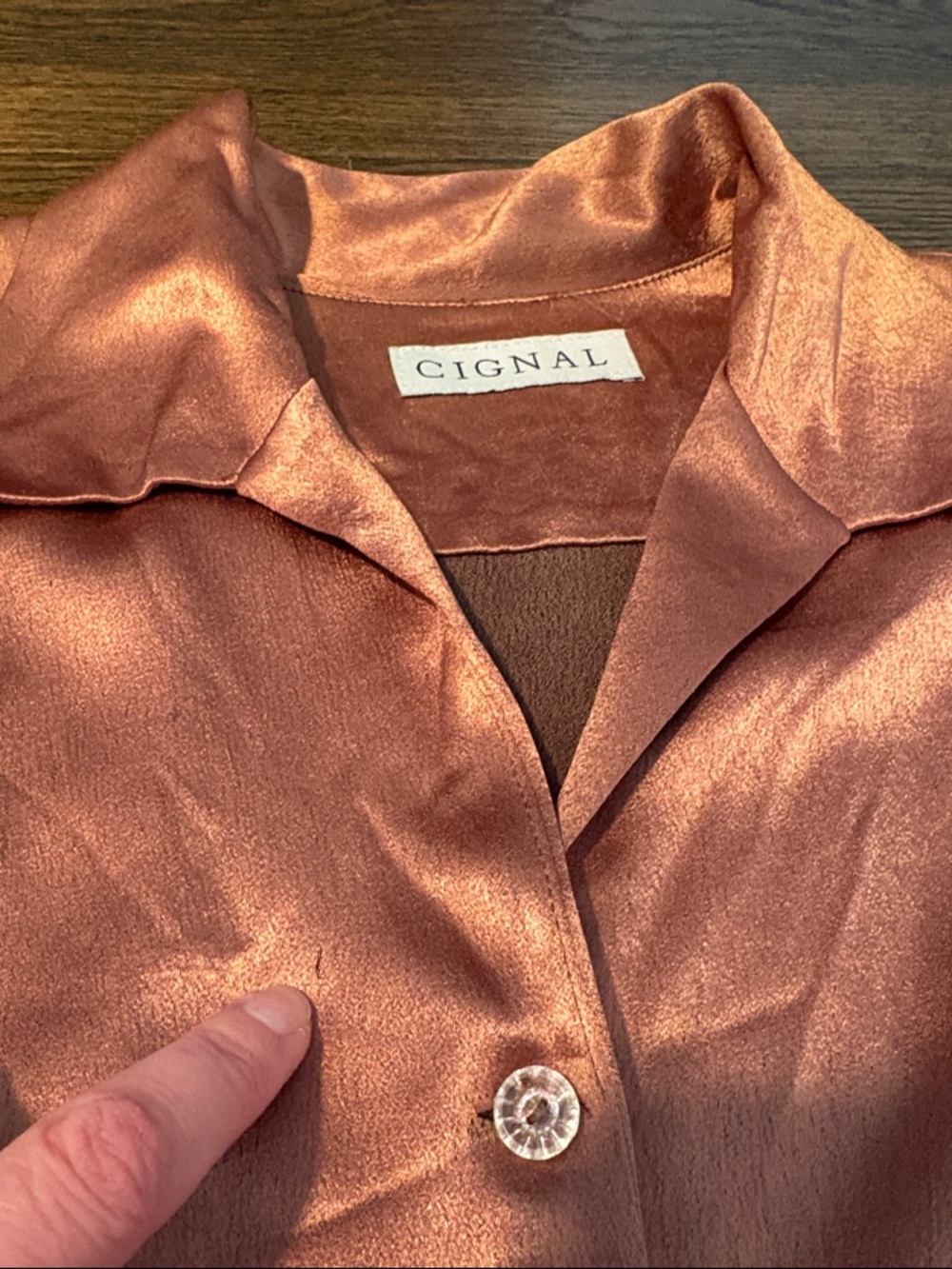 Cignal Copper Satin Blouse Size S Shimmer Button Front Long Sleeve Unique - Picture 10 of 12